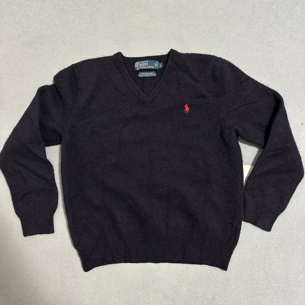 Polo Ralph Lauren Wool V-Neck Sweater Red Pony Logo Navy Blue Womens Size Large